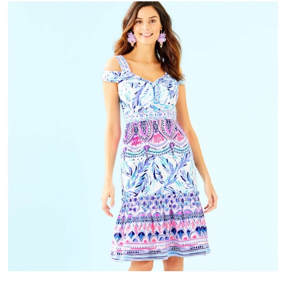 Lilly Pulitzer Cold-Shoulder Midi Dress in Blue and Pink Floral